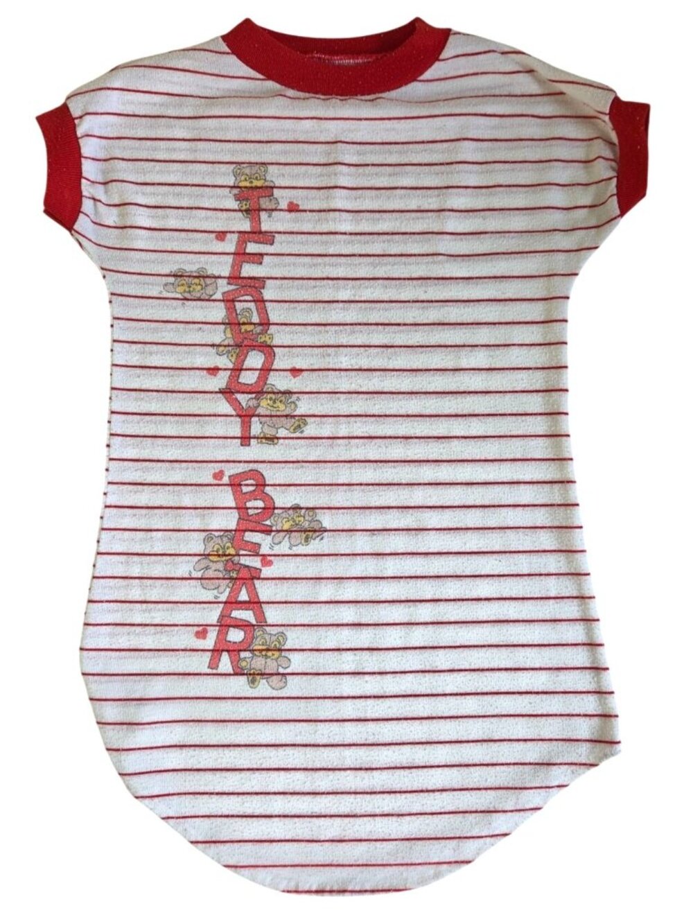 Vtg Toddler Night Gown Red White Striped Teddy Bear Graphic Sleepshirt 3T Rad